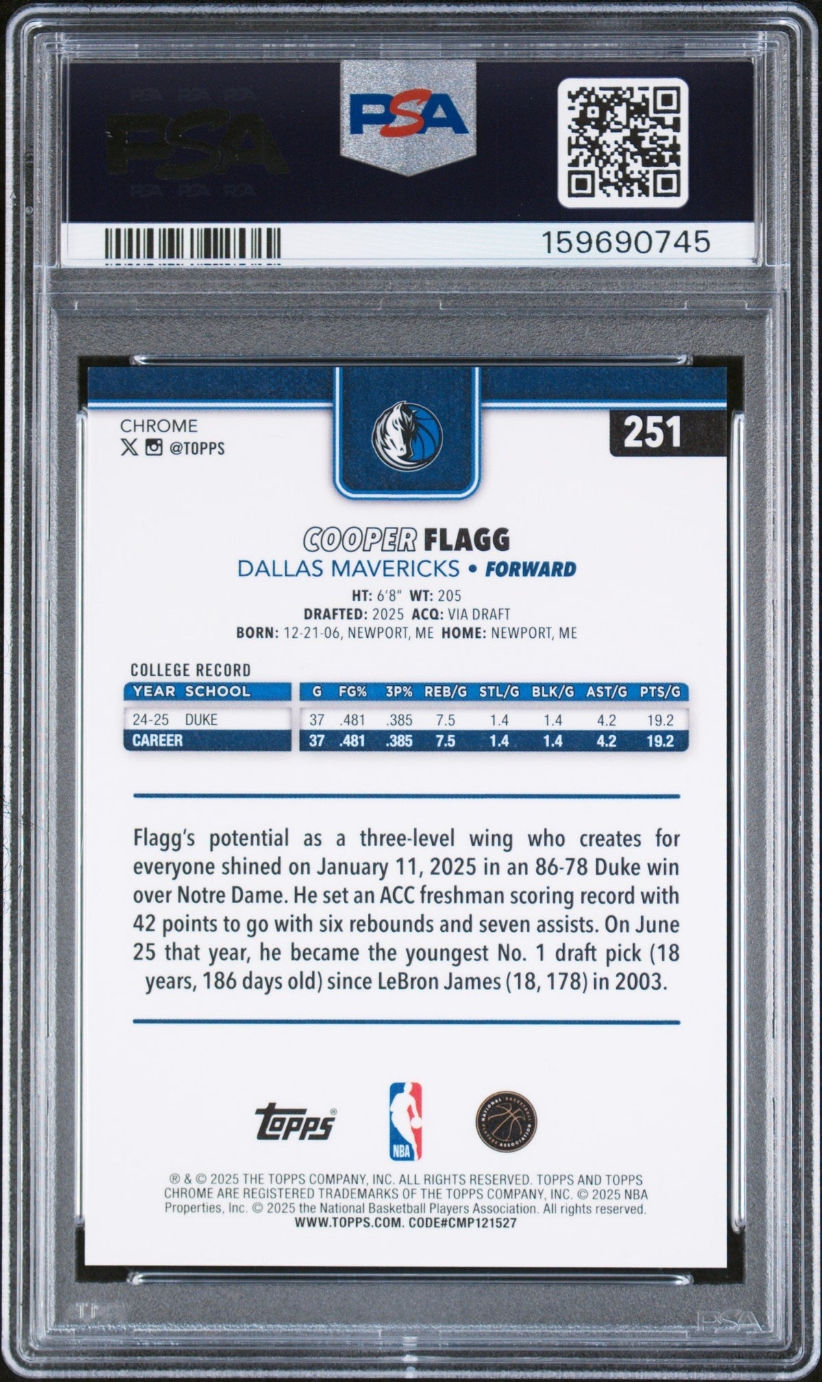 2025 Topps Chrome Cooper Flagg Blue X-Fractor PSA 10